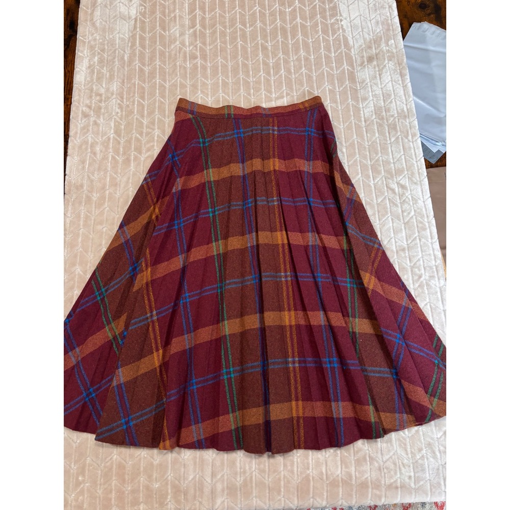 Plaid Pleated Midi Skirt Burgundy Brown Tartan A-Line Academia Sz 26 Collegiate